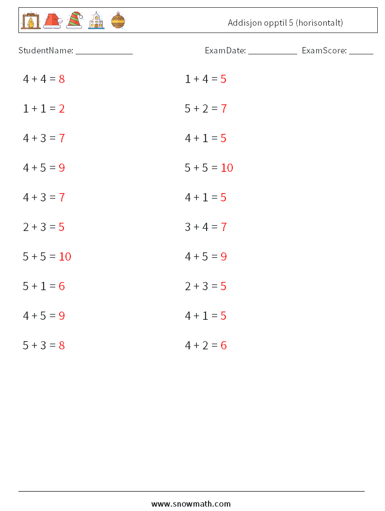 (20) Addisjon opptil 5 (horisontalt) MathWorksheets 5 QuestionAnswer