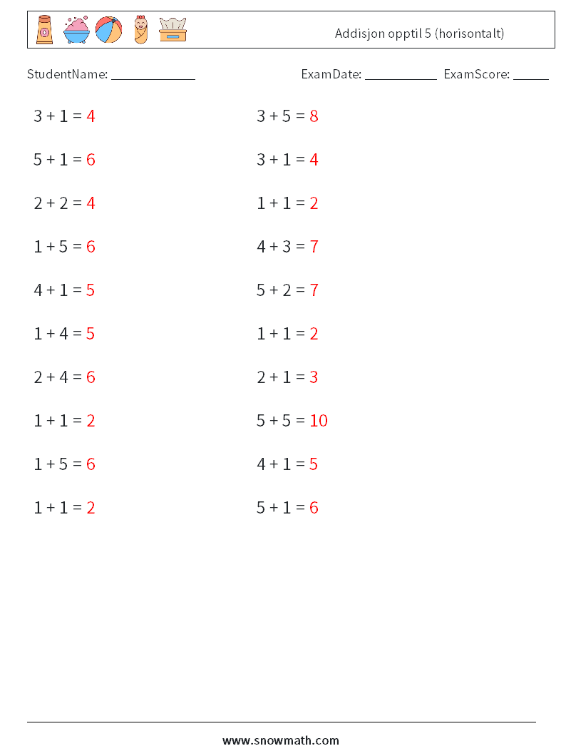 (20) Addisjon opptil 5 (horisontalt) MathWorksheets 6 QuestionAnswer