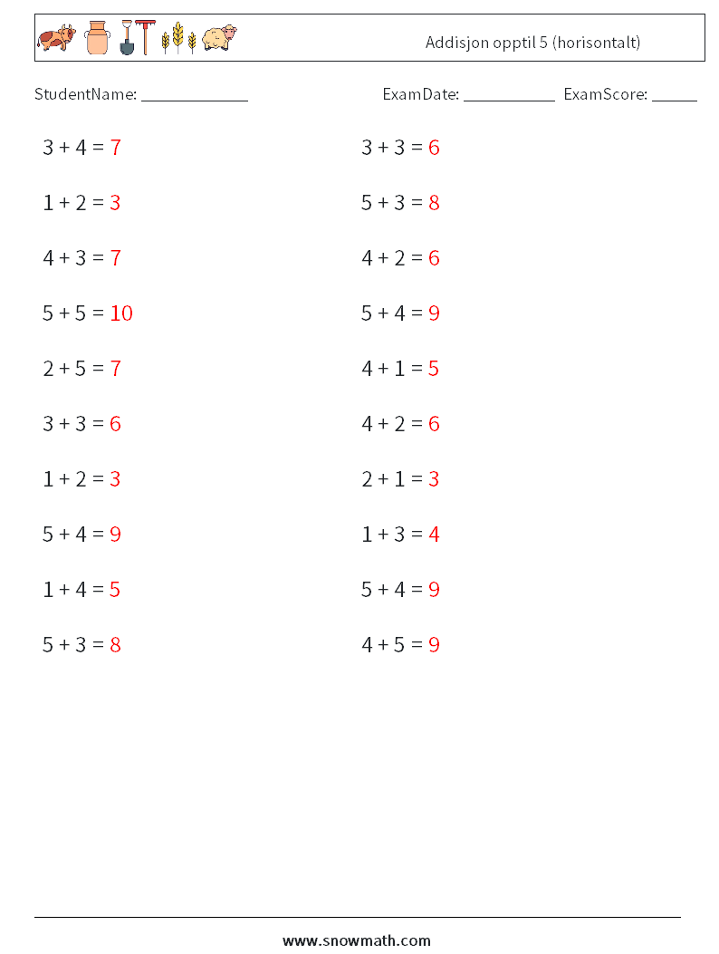(20) Addisjon opptil 5 (horisontalt) MathWorksheets 7 QuestionAnswer