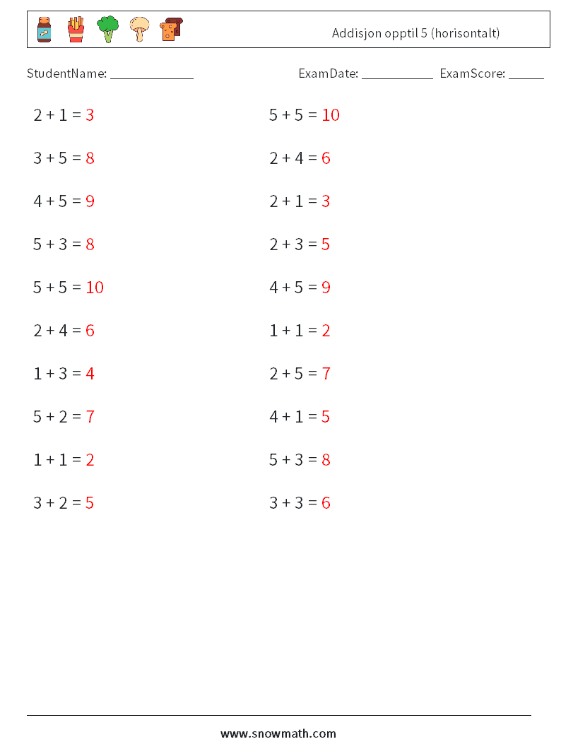 (20) Addisjon opptil 5 (horisontalt) MathWorksheets 8 QuestionAnswer