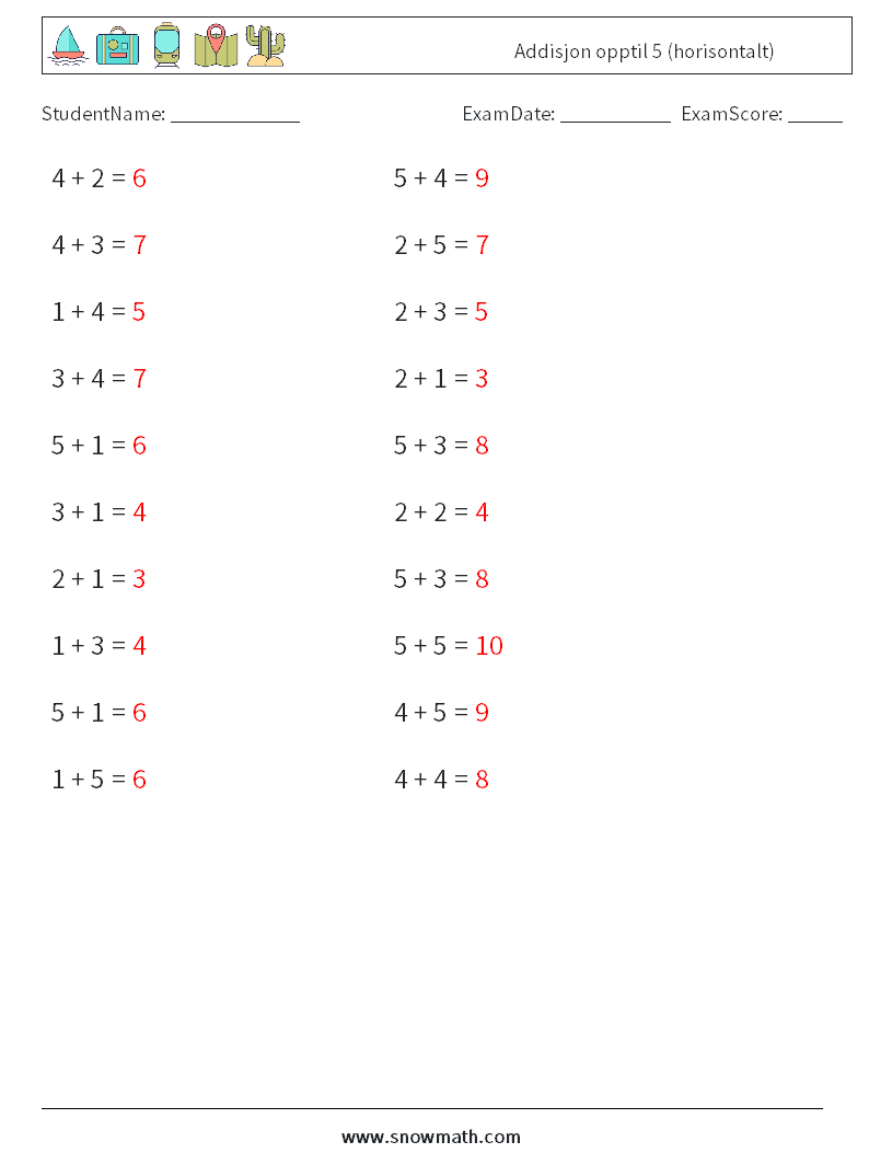 (20) Addisjon opptil 5 (horisontalt) MathWorksheets 9 QuestionAnswer