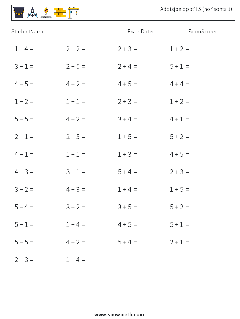 (50) Addisjon opptil 5 (horisontalt) MathWorksheets 1