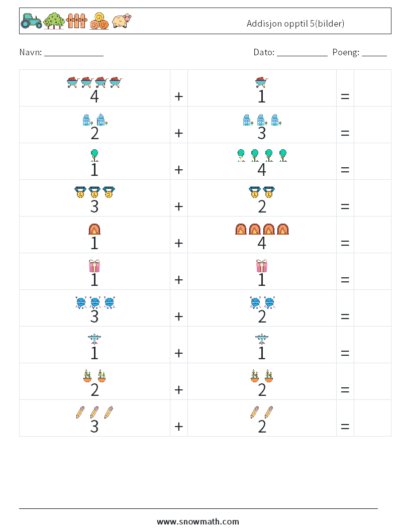 Addisjon opptil 5(bilder) MathWorksheets 1