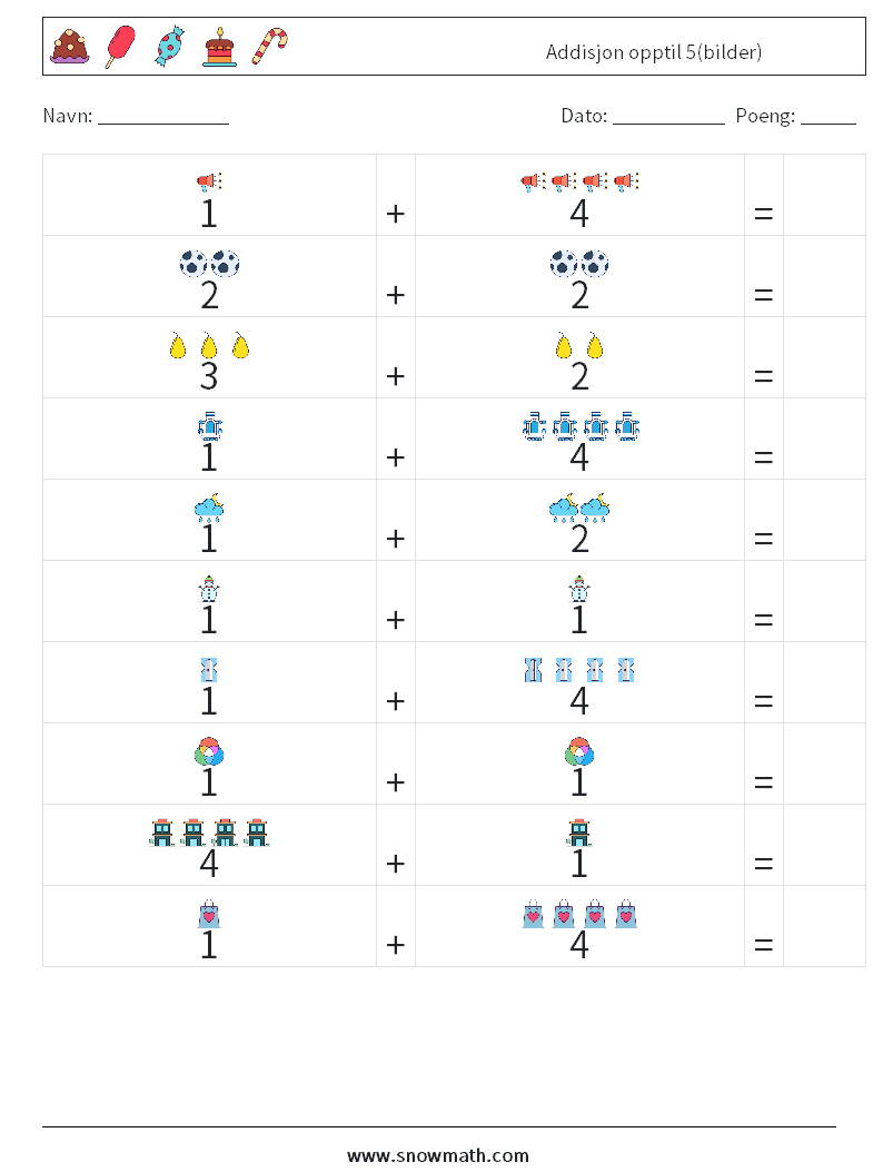 Addisjon opptil 5(bilder) MathWorksheets 10