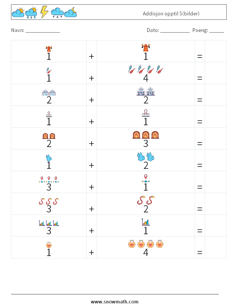 Addisjon opptil 5(bilder) MathWorksheets 11