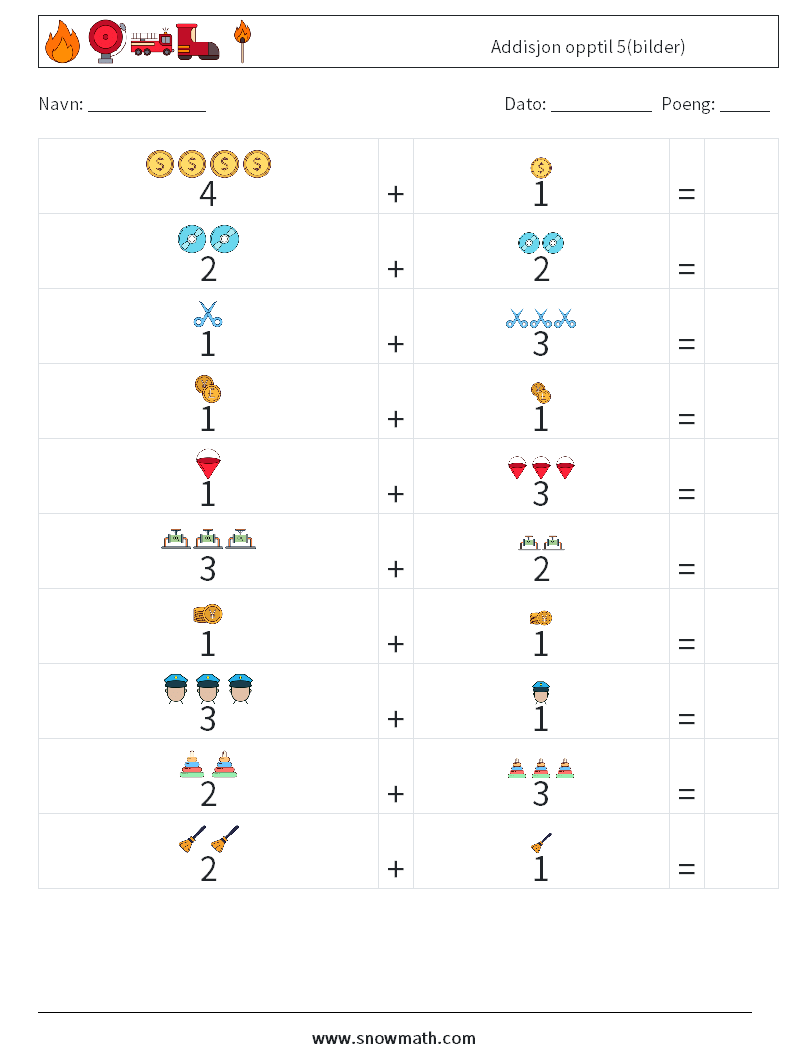 Addisjon opptil 5(bilder) MathWorksheets 12