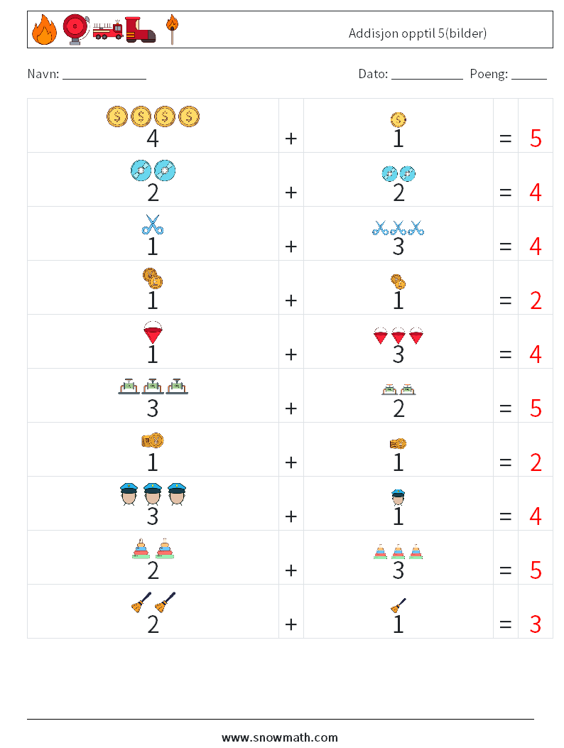 Addisjon opptil 5(bilder) MathWorksheets 12 QuestionAnswer