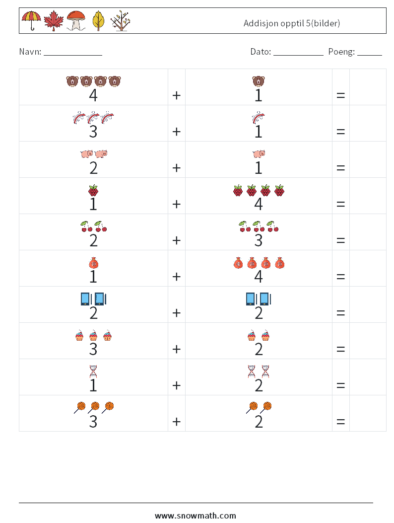 Addisjon opptil 5(bilder) MathWorksheets 13