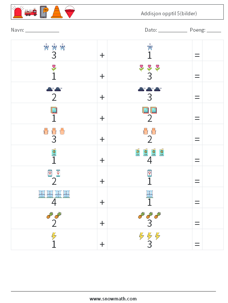 Addisjon opptil 5(bilder) MathWorksheets 14