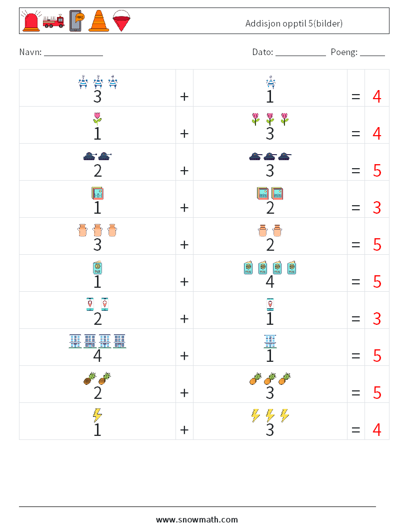 Addisjon opptil 5(bilder) MathWorksheets 14 QuestionAnswer