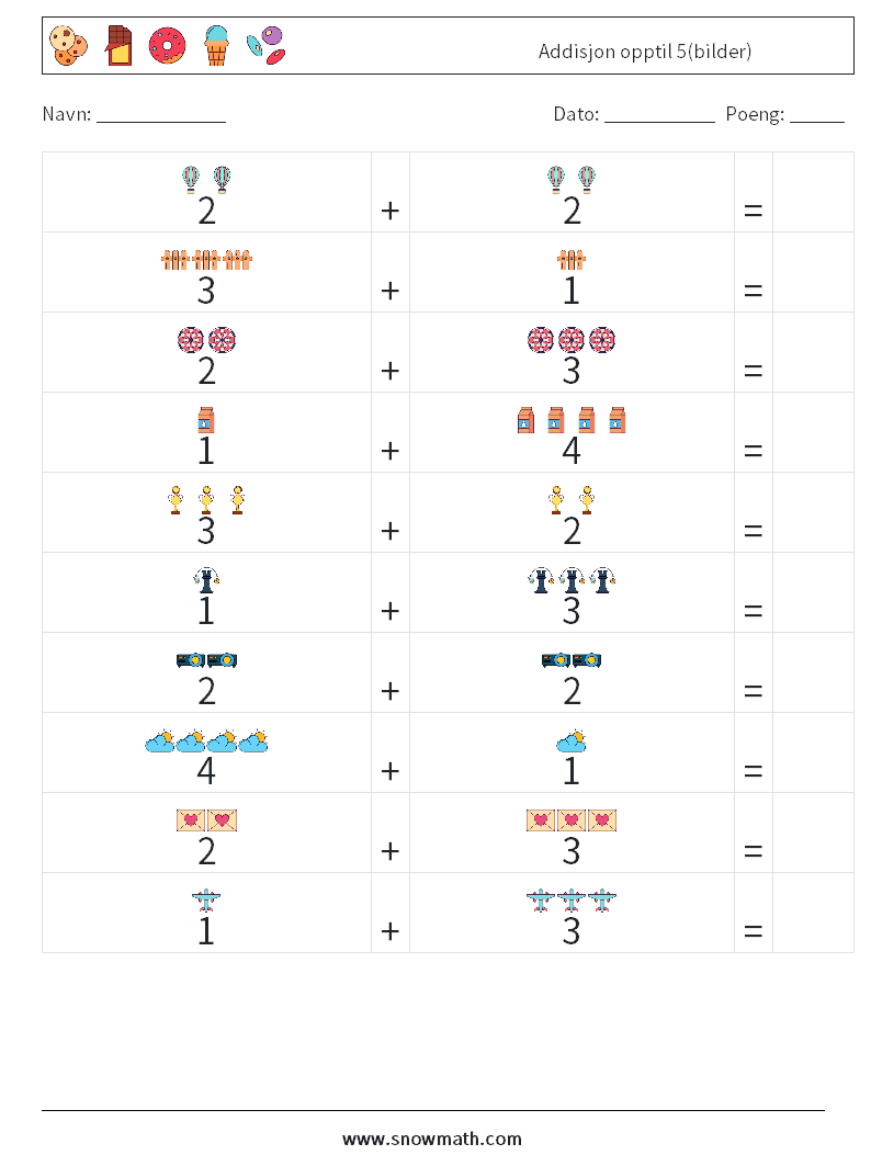 Addisjon opptil 5(bilder) MathWorksheets 16