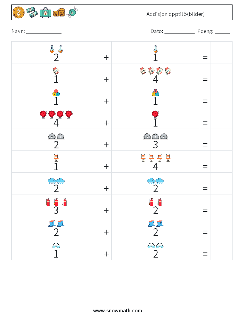 Addisjon opptil 5(bilder) MathWorksheets 17
