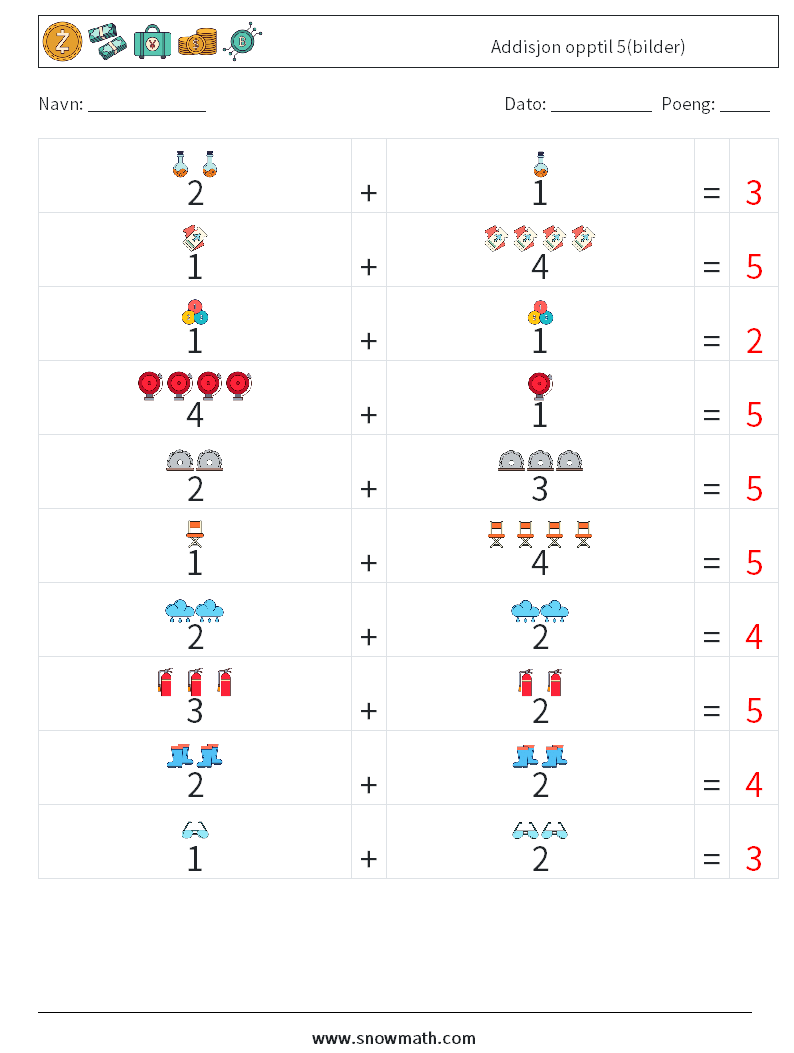 Addisjon opptil 5(bilder) MathWorksheets 17 QuestionAnswer