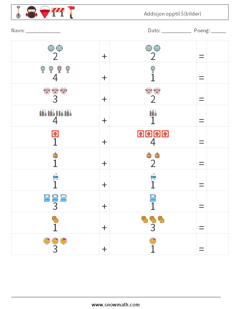 Addisjon opptil 5(bilder) MathWorksheets 18
