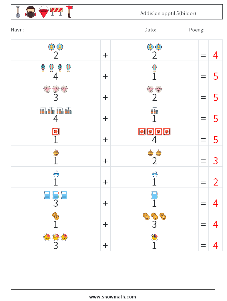 Addisjon opptil 5(bilder) MathWorksheets 18 QuestionAnswer