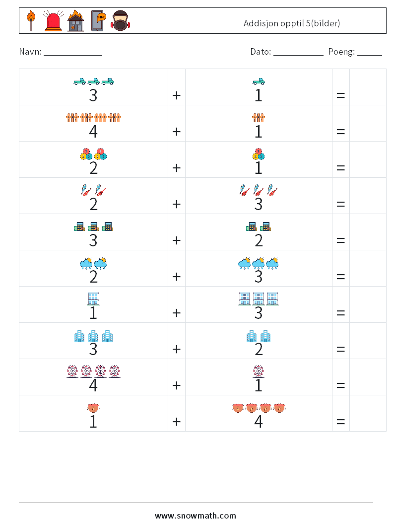 Addisjon opptil 5(bilder) MathWorksheets 2