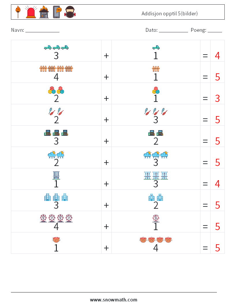 Addisjon opptil 5(bilder) MathWorksheets 2 QuestionAnswer