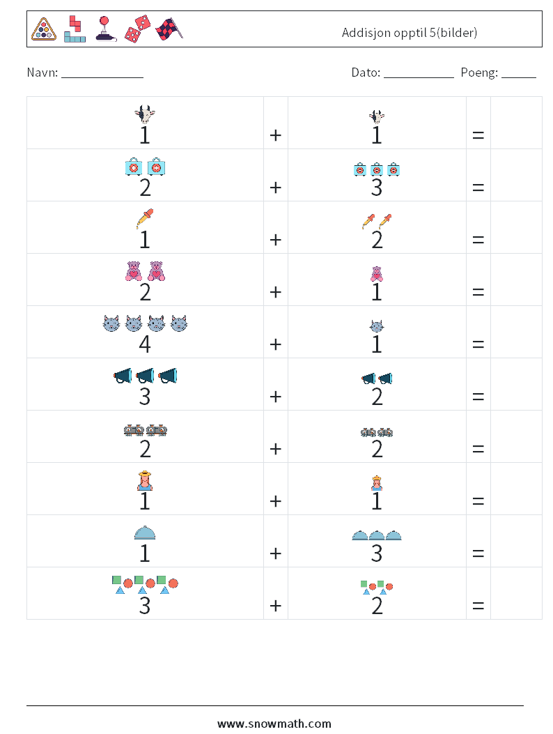 Addisjon opptil 5(bilder) MathWorksheets 3