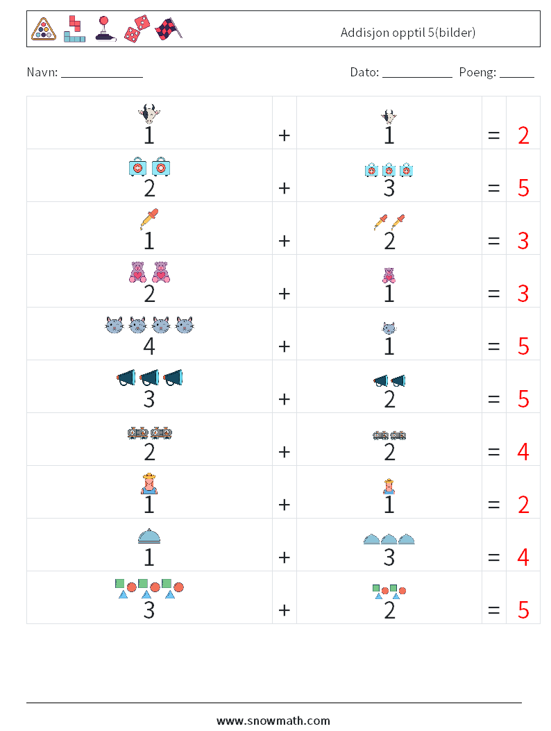 Addisjon opptil 5(bilder) MathWorksheets 3 QuestionAnswer