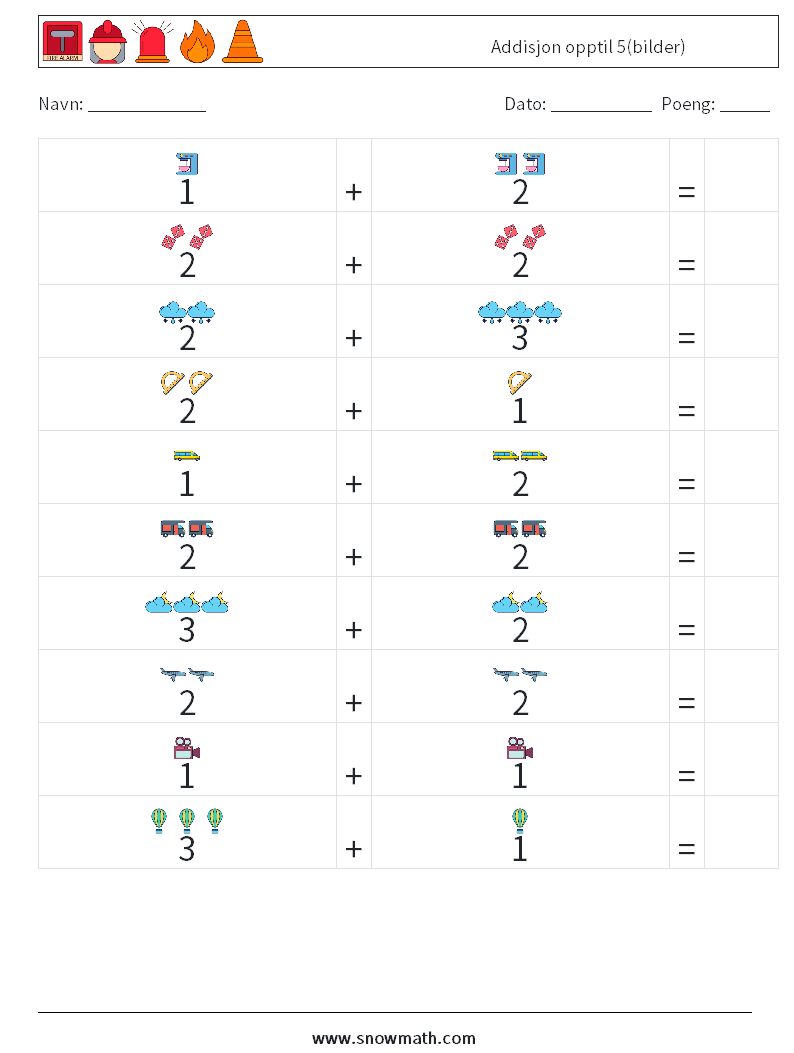 Addisjon opptil 5(bilder) MathWorksheets 4