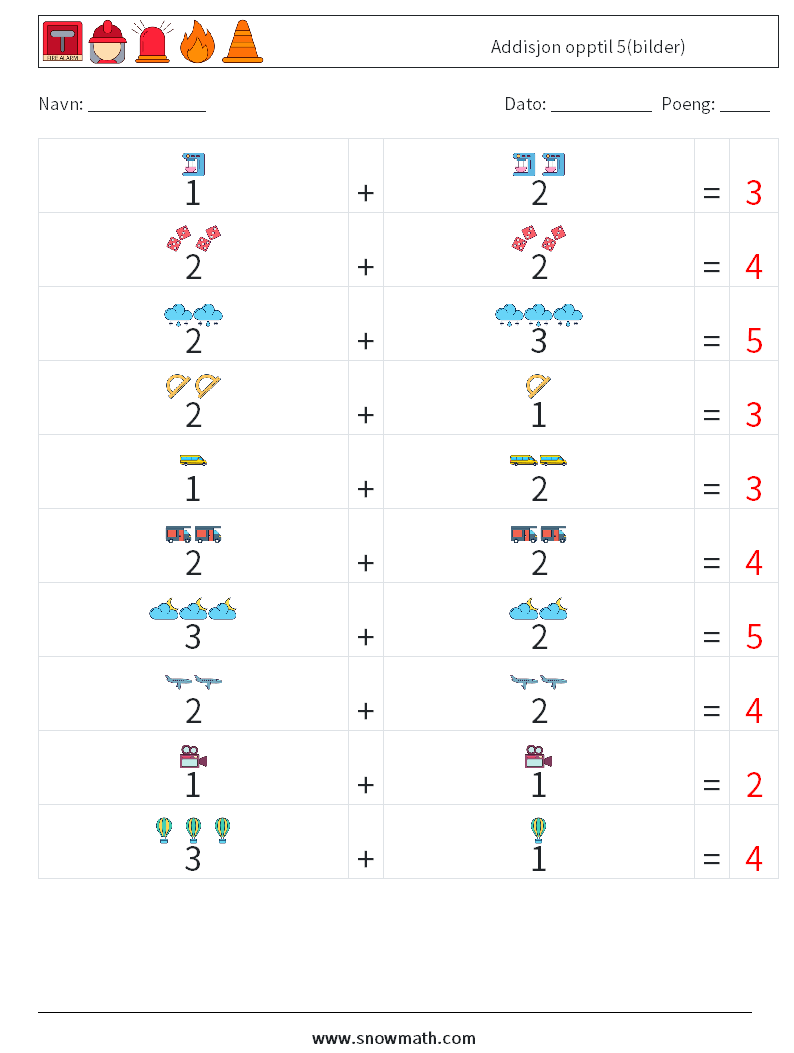 Addisjon opptil 5(bilder) MathWorksheets 4 QuestionAnswer