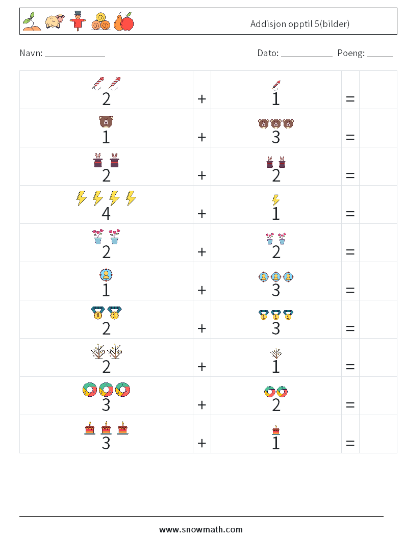 Addisjon opptil 5(bilder) MathWorksheets 5