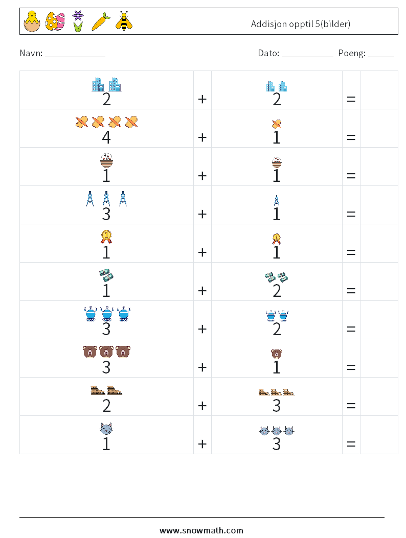 Addisjon opptil 5(bilder) MathWorksheets 6