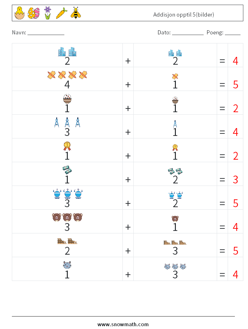 Addisjon opptil 5(bilder) MathWorksheets 6 QuestionAnswer