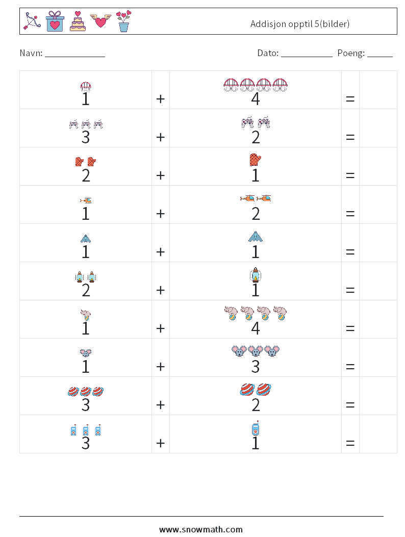 Addisjon opptil 5(bilder) MathWorksheets 7