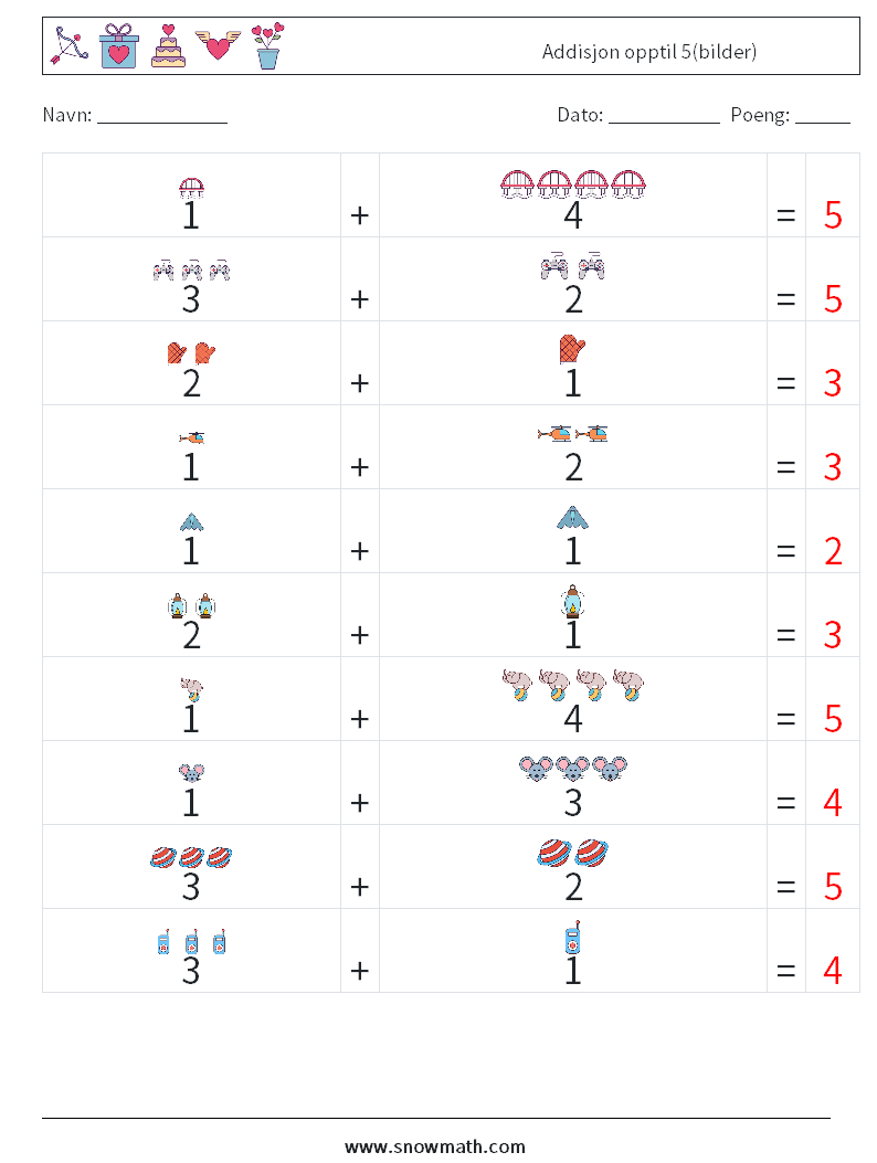 Addisjon opptil 5(bilder) MathWorksheets 7 QuestionAnswer