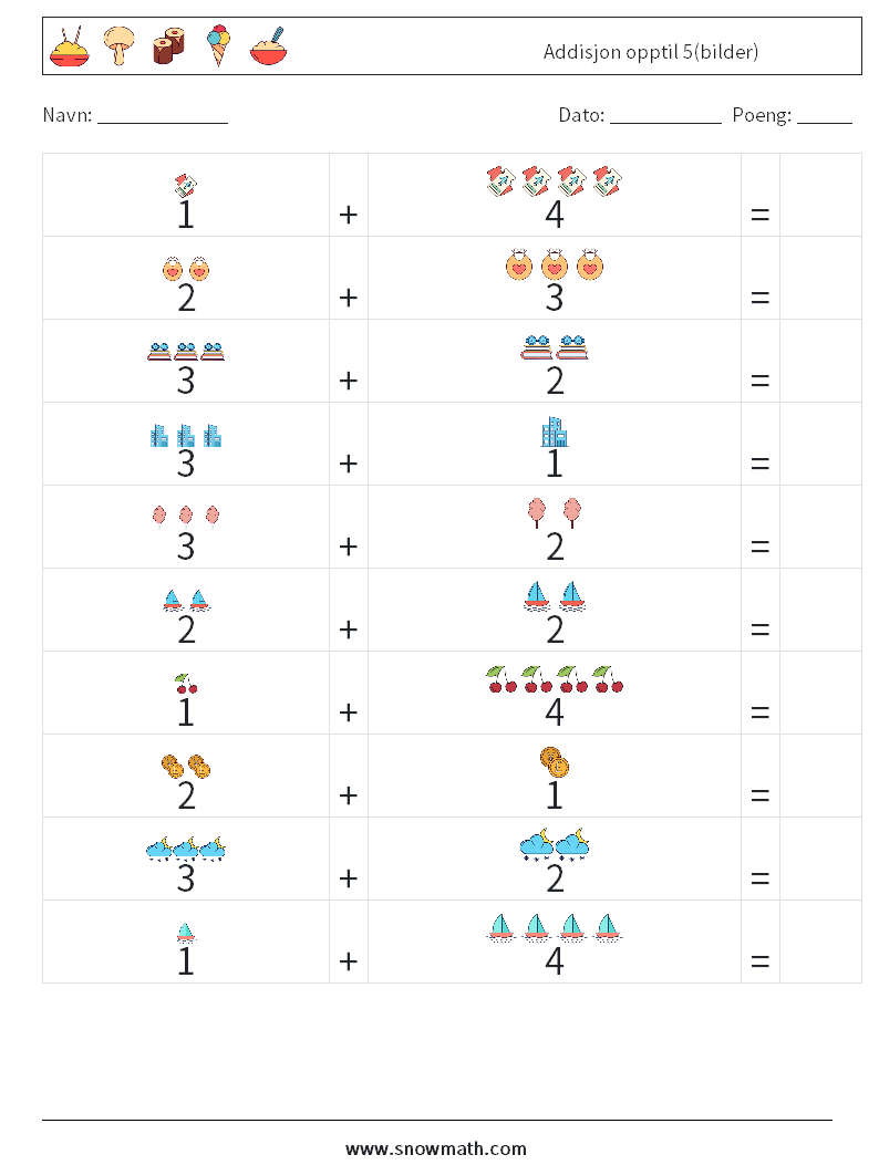 Addisjon opptil 5(bilder) MathWorksheets 8