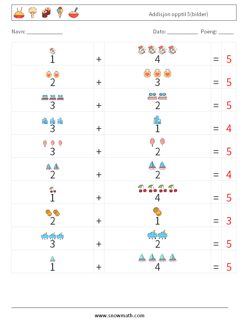 Addisjon opptil 5(bilder) MathWorksheets 8 QuestionAnswer