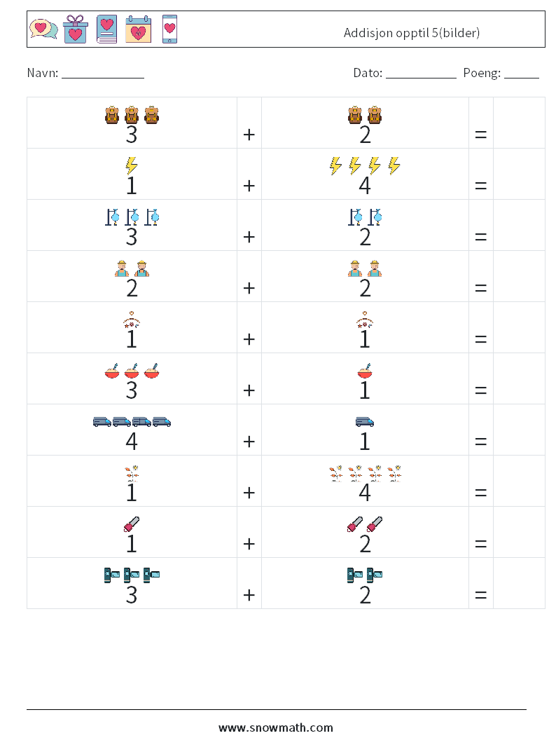 Addisjon opptil 5(bilder) MathWorksheets 9