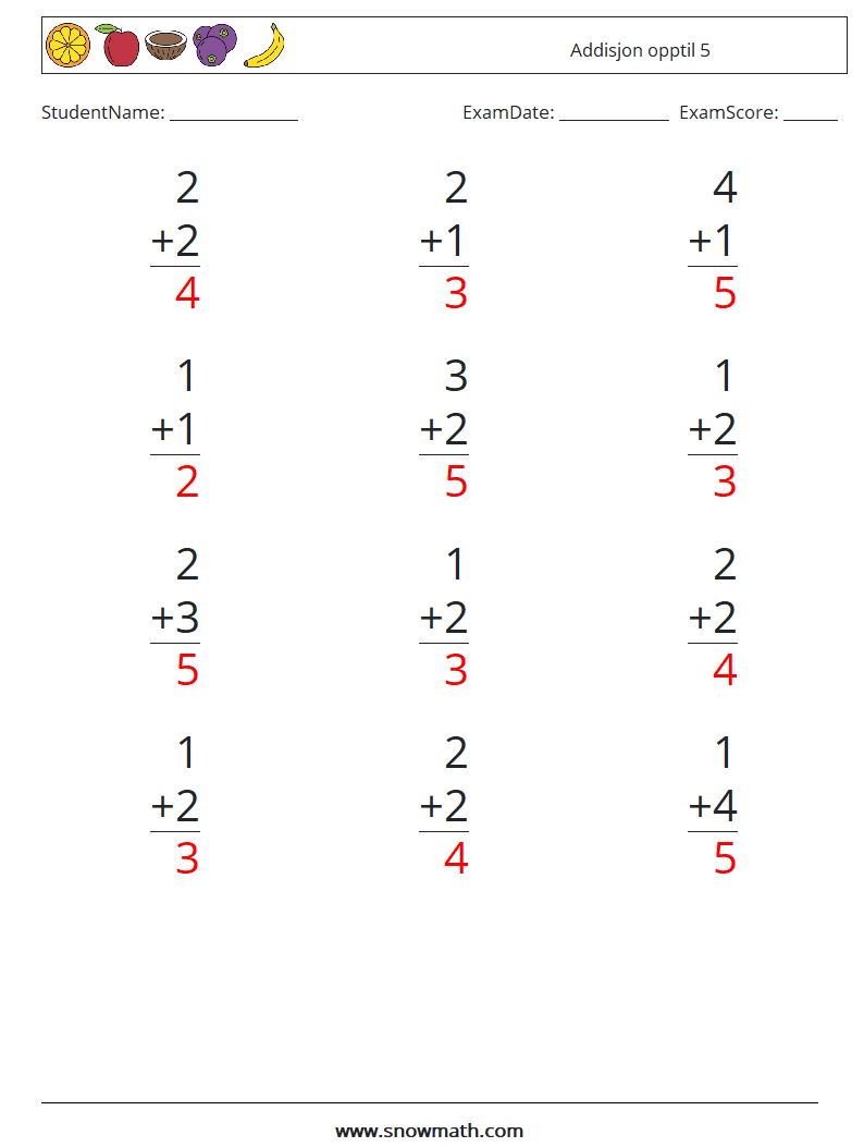 (12) Addisjon opptil 5 MathWorksheets 1 QuestionAnswer