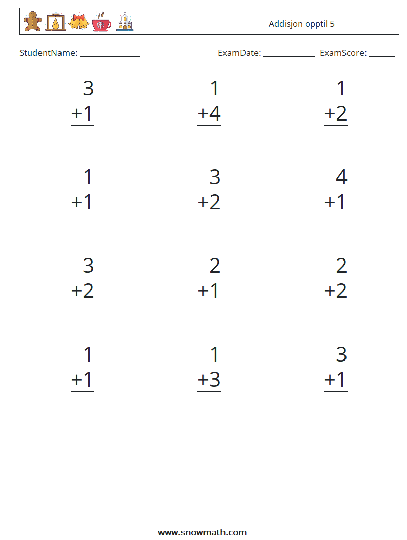 (12) Addisjon opptil 5 MathWorksheets 2