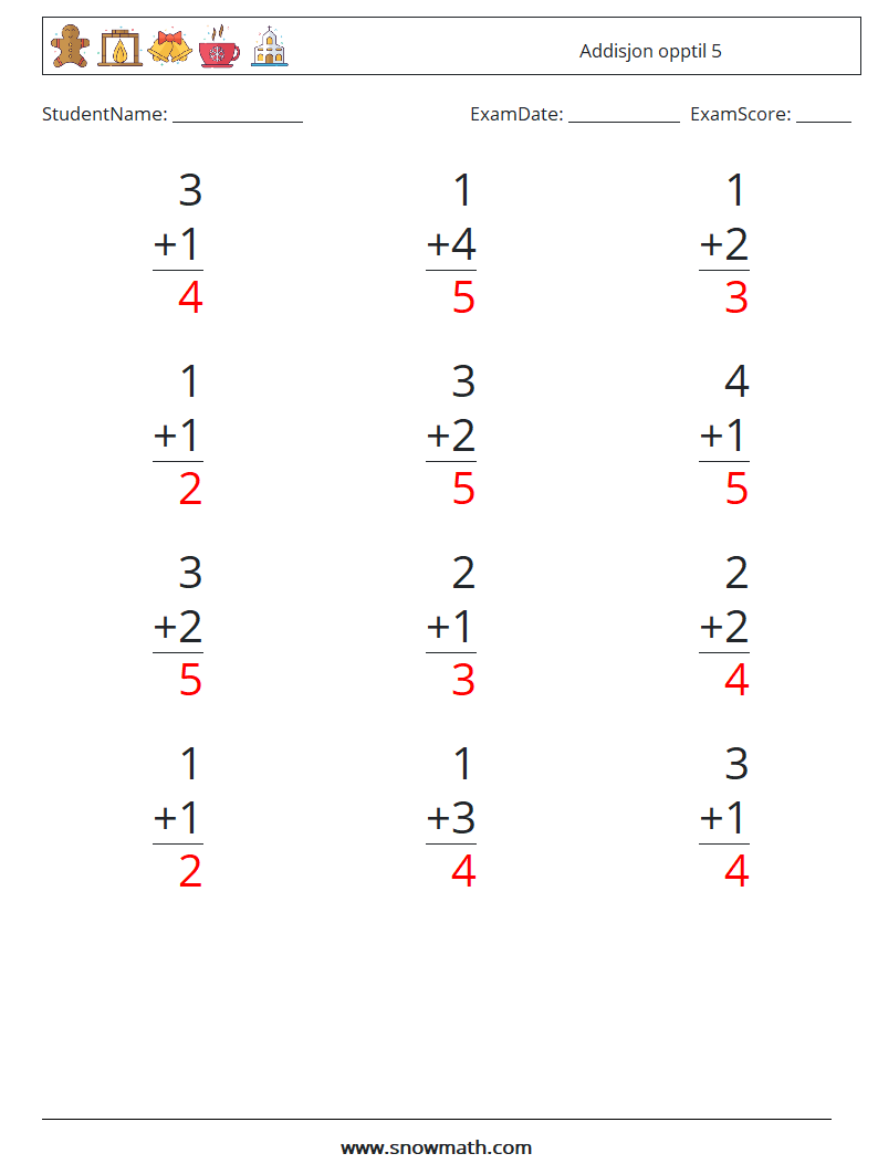 (12) Addisjon opptil 5 MathWorksheets 2 QuestionAnswer