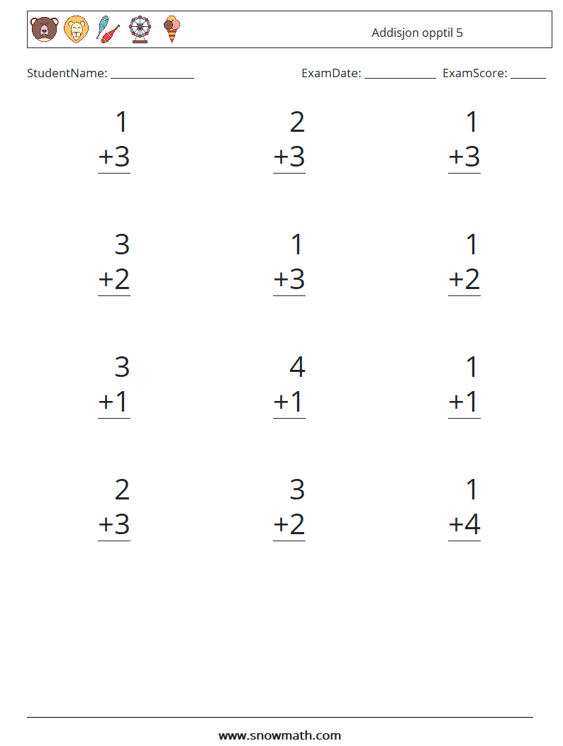 (12) Addisjon opptil 5 MathWorksheets 3