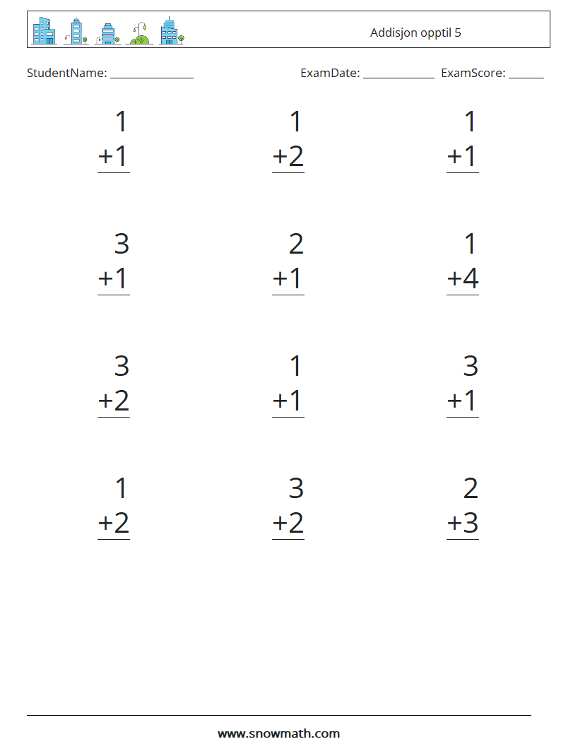 (12) Addisjon opptil 5 MathWorksheets 4