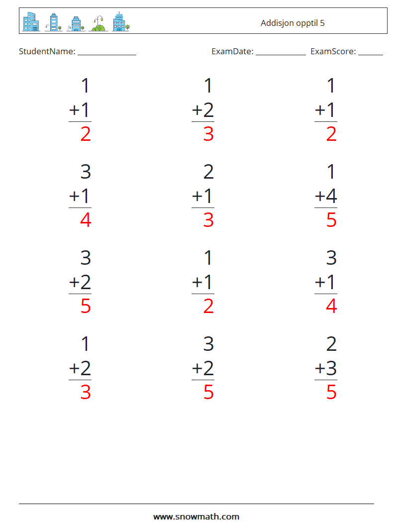 (12) Addisjon opptil 5 MathWorksheets 4 QuestionAnswer