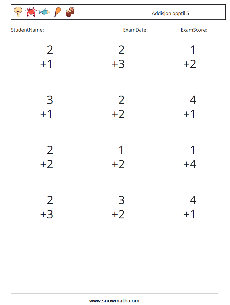 (12) Addisjon opptil 5 MathWorksheets 5