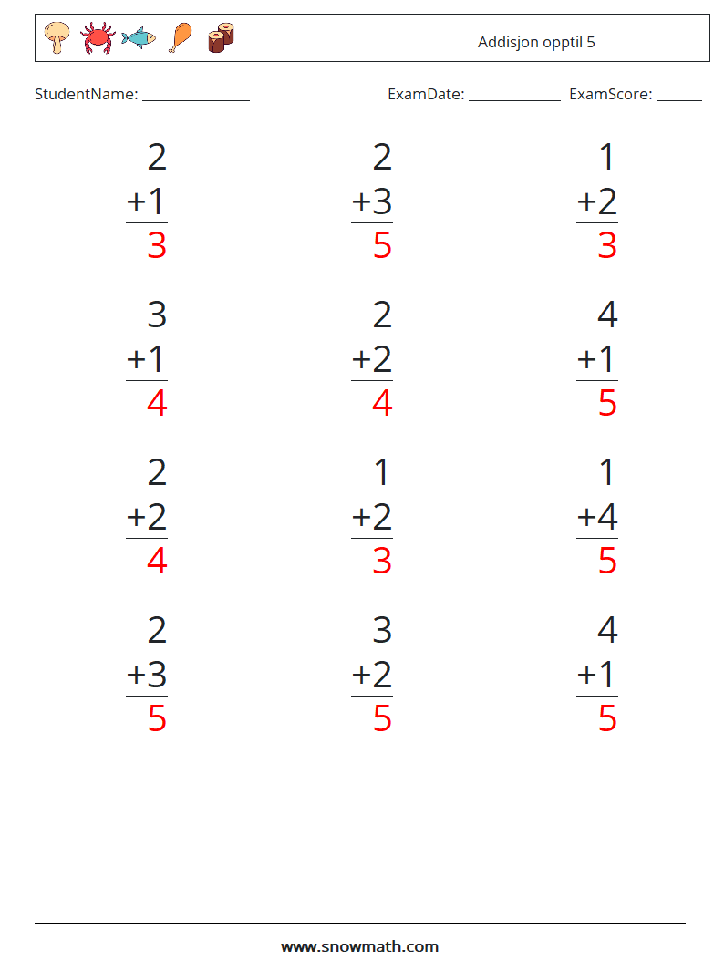 (12) Addisjon opptil 5 MathWorksheets 5 QuestionAnswer