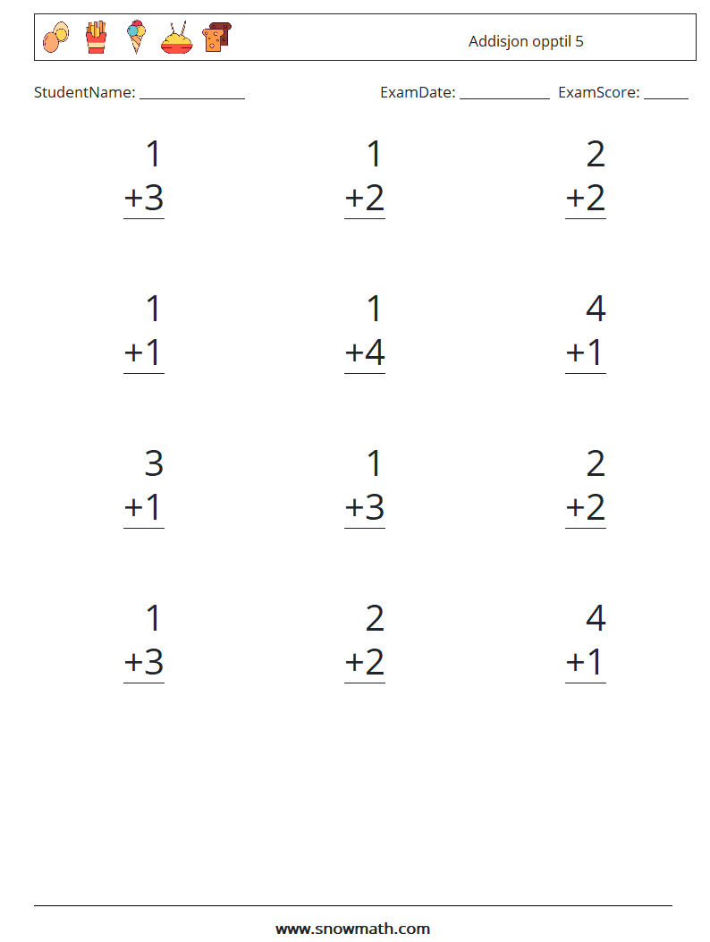 (12) Addisjon opptil 5 MathWorksheets 7