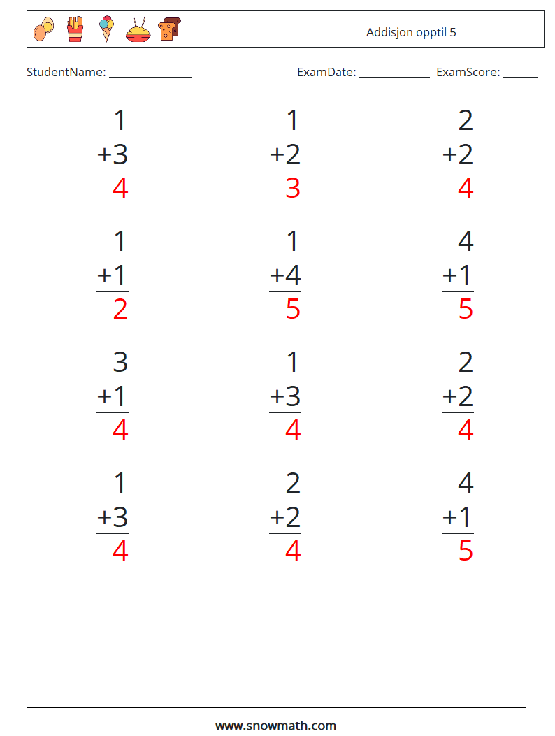 (12) Addisjon opptil 5 MathWorksheets 7 QuestionAnswer