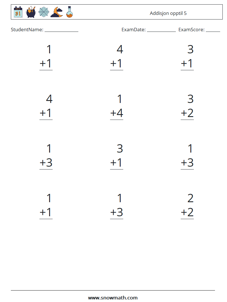 (12) Addisjon opptil 5 MathWorksheets 8