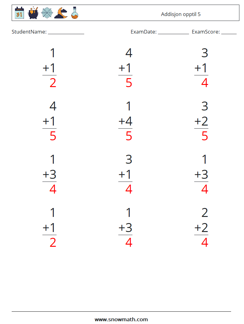 (12) Addisjon opptil 5 MathWorksheets 8 QuestionAnswer