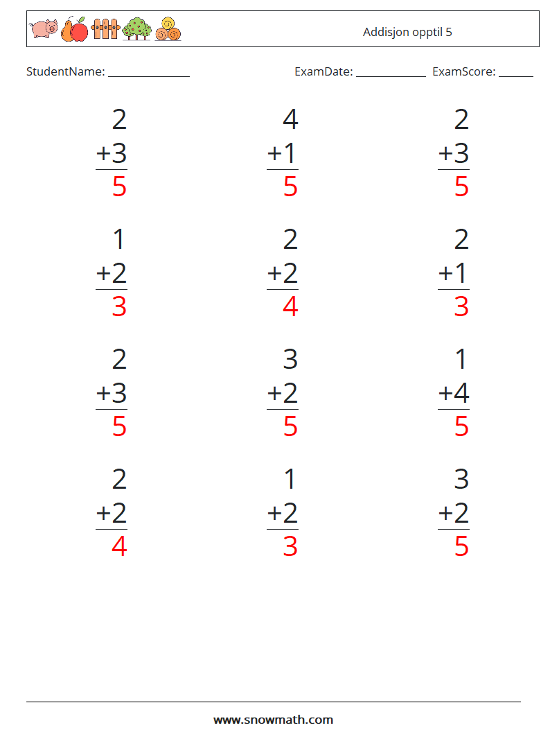 (12) Addisjon opptil 5 MathWorksheets 9 QuestionAnswer