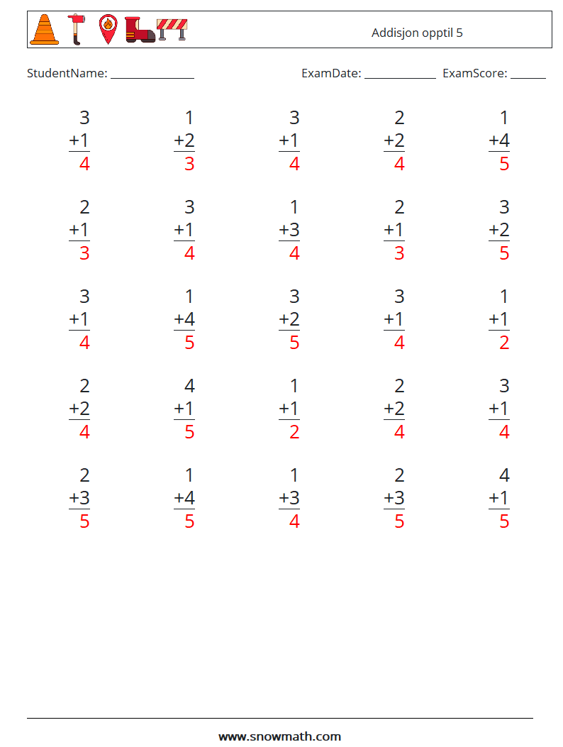 (25) Addisjon opptil 5 MathWorksheets 1 QuestionAnswer