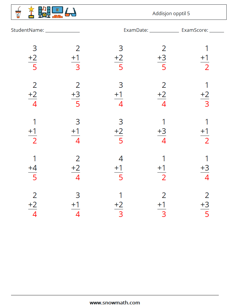 (25) Addisjon opptil 5 MathWorksheets 2 QuestionAnswer