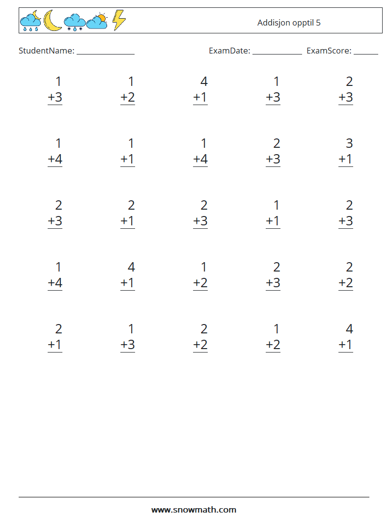 (25) Addisjon opptil 5 MathWorksheets 3