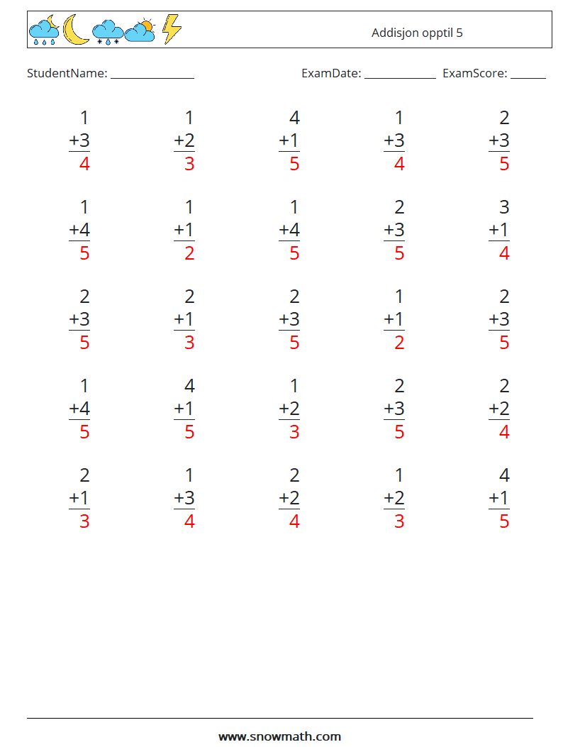 (25) Addisjon opptil 5 MathWorksheets 3 QuestionAnswer